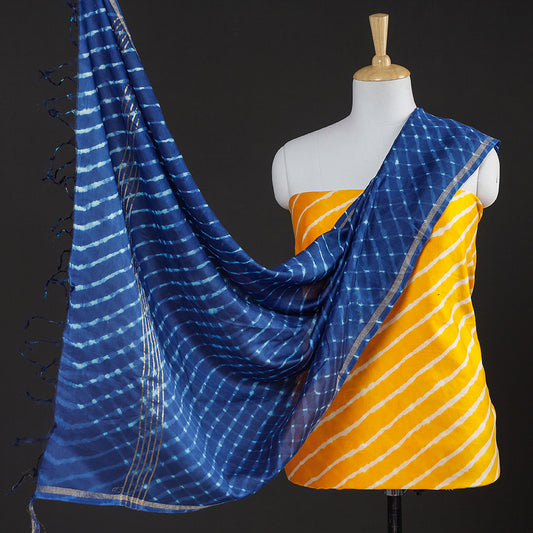 Yellow - 2pc Leheriya Tie-Dye Chanderi Silk Suit Material with Leheriya Tie-Dye Mothra Chanderi Silk Dupatta