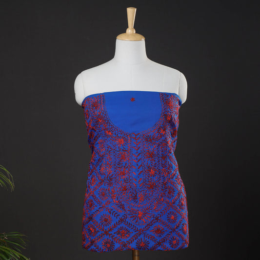 Blue - Ranihati Cotton Chapa Work Tagai Phulkari Embroidered Unstitched Kurti Material (2.3 M)