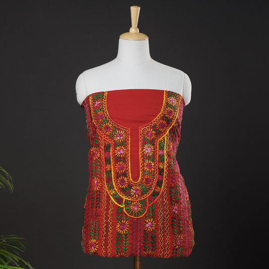 Red - Ranihati Cotton Chapa Work Tagai Phulkari Embroidered Unstitched Kurti Material (2.35 M)
