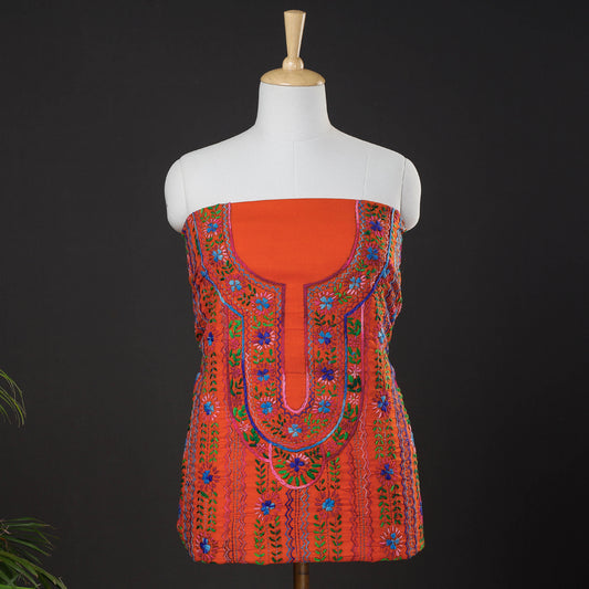Orange - Ranihati Cotton Chapa Work Tagai Phulkari Embroidered Unstitched Kurti Material (2.35 M)