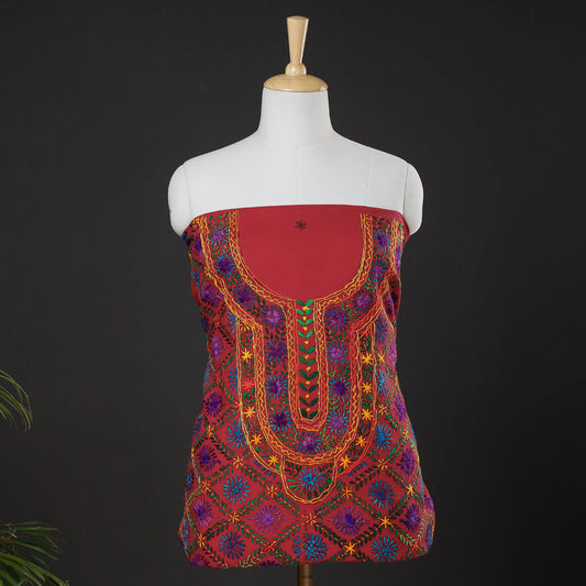 Red - Ranihati Cotton Chapa Work Tagai Phulkari Embroidered Unstitched Kurti Material (2.3 M)