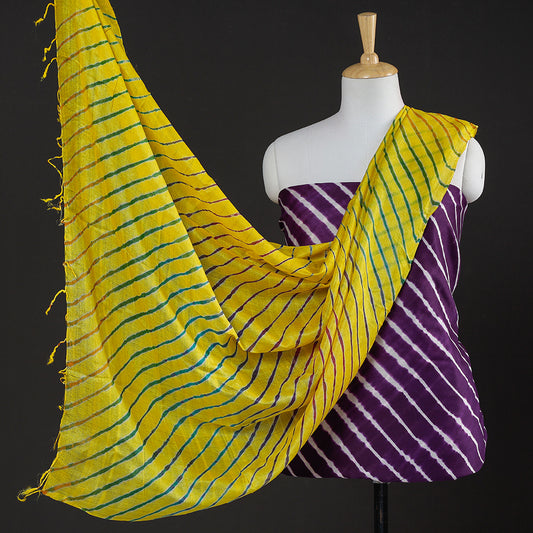 Purple - 2pc Leheriya Tie-Dye Chanderi Silk Suit Material with Leheriya Tie-Dye Tussar Silk Handloom Dupatta