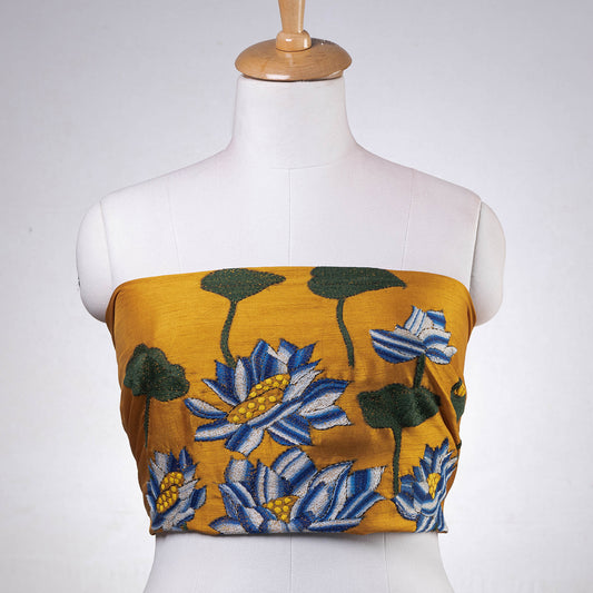 Yellow - Bengal Kantha Embroidery Raw Silk Blouse Piece