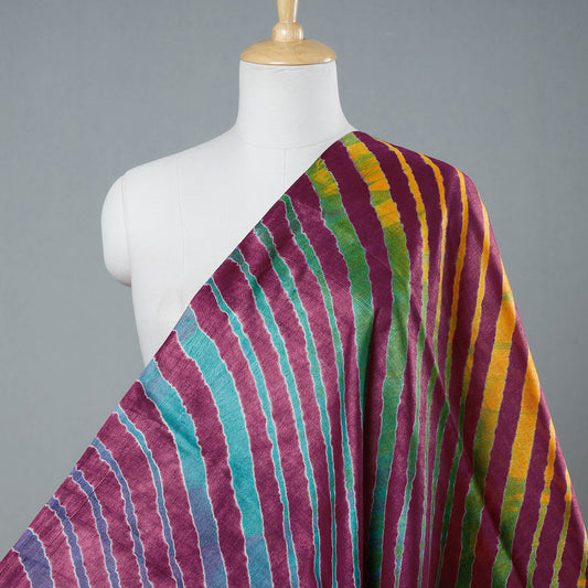 Purple - Multicolour Leheriya Tie-Dye Tussar Silk Handloom Fabric
