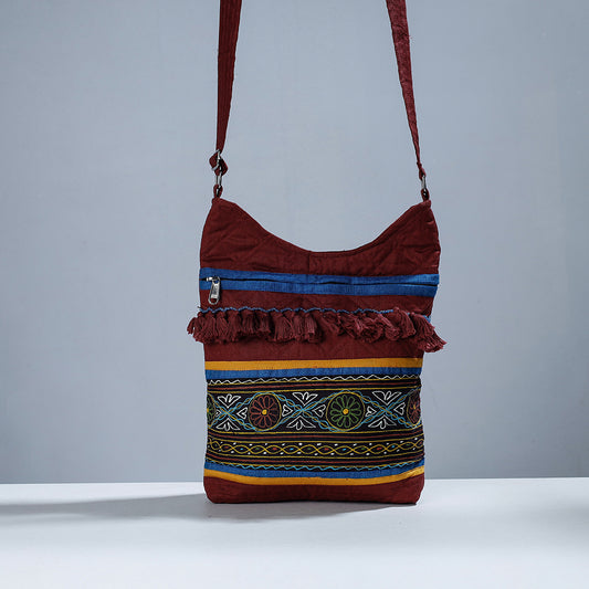 Brown - Traditional Rogan Hand Painted Silk Bead Work Sling Bag with Tassles