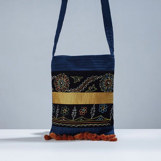 Blue - Traditional Rogan Hand Painted Cotton Bead Work Sling Bag with Tassles