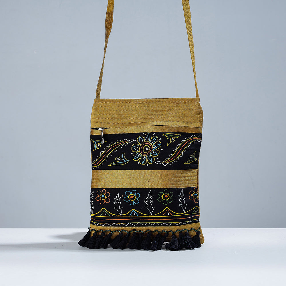 Yellow - Traditional Rogan Hand Painted Silk Bead Work Sling Bag with Tassles