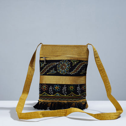 Yellow - Traditional Rogan Hand Painted Silk Bead Work Sling Bag with Tassles