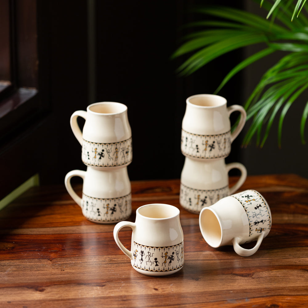 'Whispers of Warli' Handcrafted Ceramic Tea Cups (Set of 6, 140 ML, Microwave Safe)