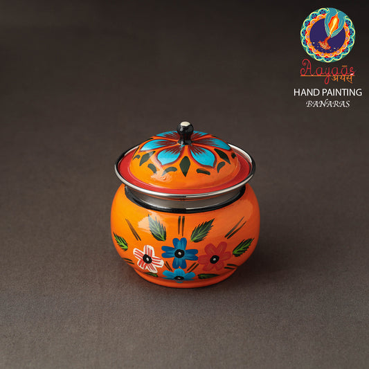 Banaras Handpainted Stainless Steel Small Ghee Pot with Spoon (250ml)