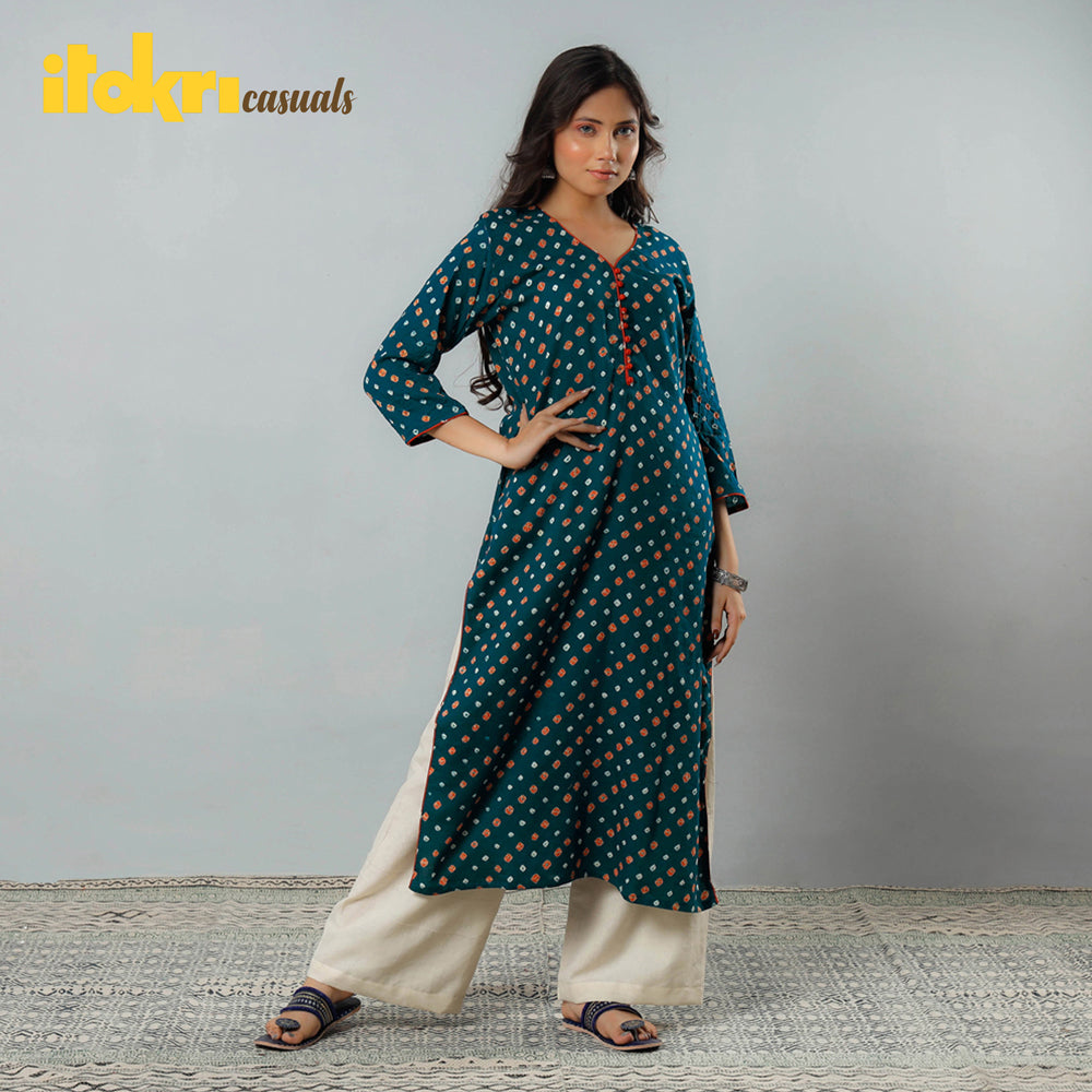 Buy Bandhani Tie-dye Cotton Long Straight Kurta for Women