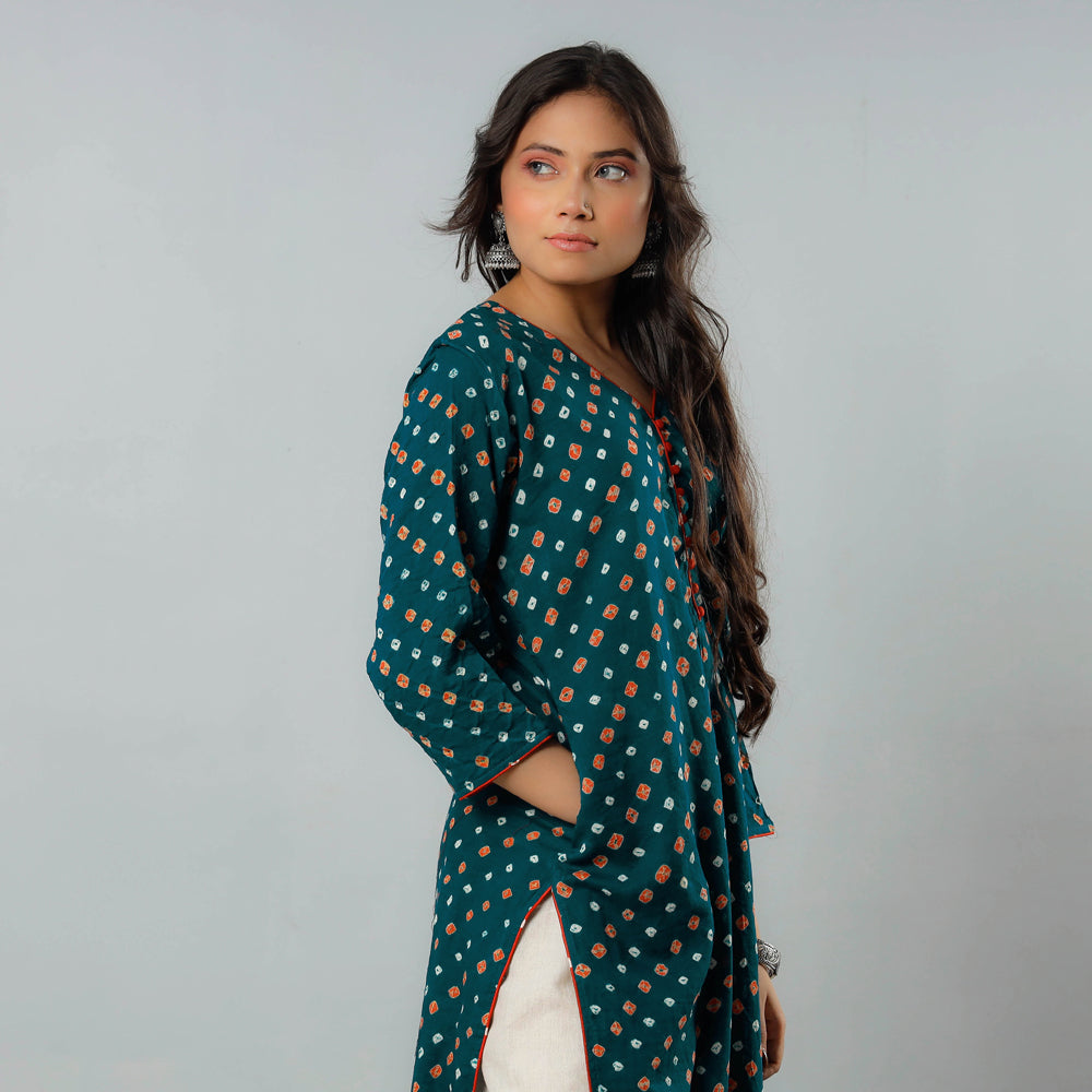 Buy Bandhani Tie-dye Cotton Long Straight Kurta for Women