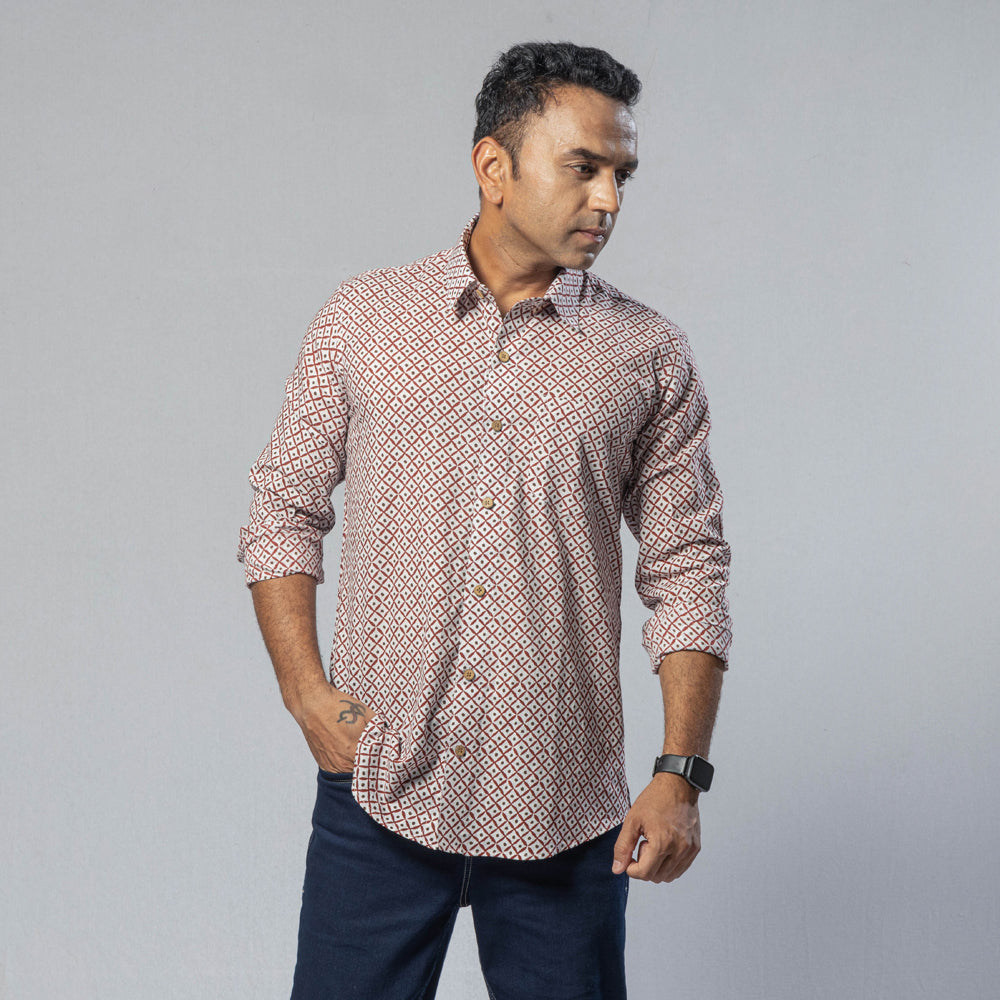 Casual Linen Mens Sanganeri Print Shirt, Full Sleeves