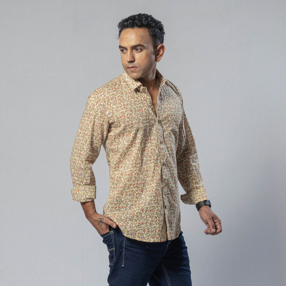 Casual Linen Mens Sanganeri Print Shirt, Full Sleeves