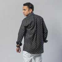 Black - Flower Charcoal Black Color - Men Full Sleeve Cotton Block Printed Shirt