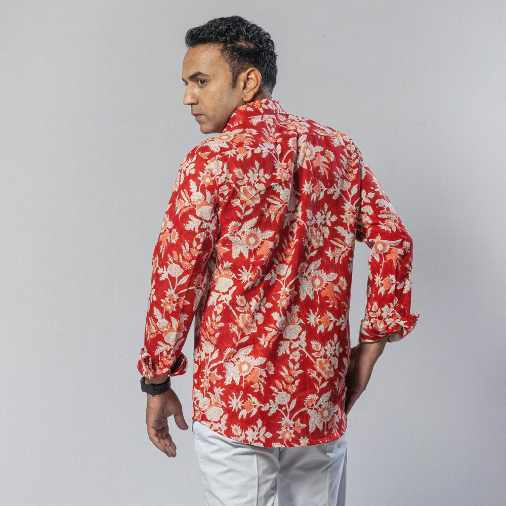 Lily Flower Red Color - Men Full Sleeve Cotton Block Printed Shirt