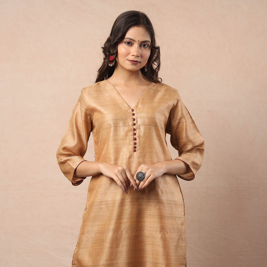 Beige - Bhagalpuri Handwoven Desi Tussar Silk Long Kurta
