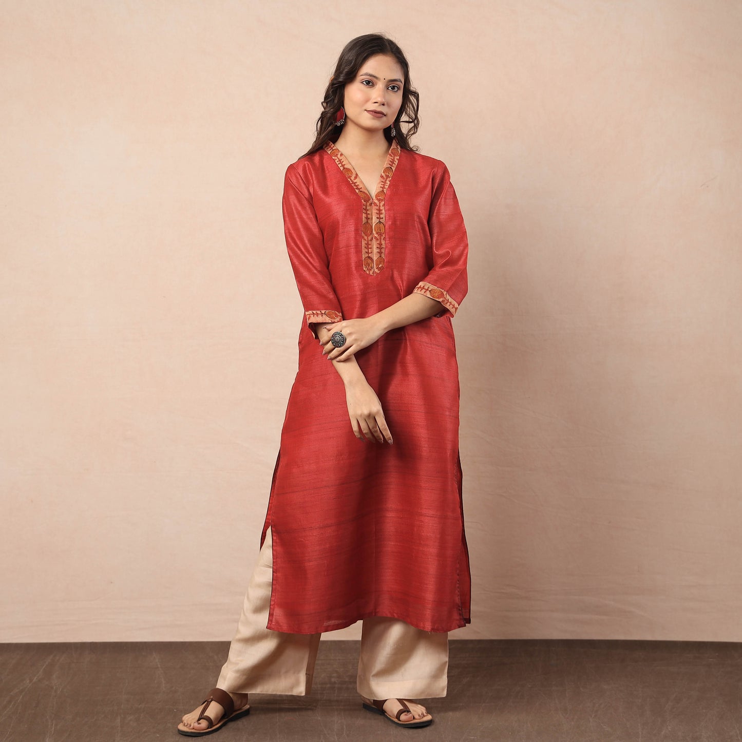 Red Bhagalpuri Handwoven Desi Tussar Silk Long Straight Kurta