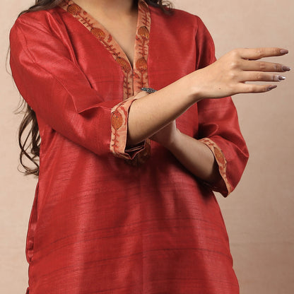 Red Bhagalpuri Handwoven Desi Tussar Silk Long Straight Kurta