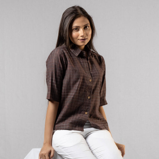 Wenge Brown Handloom Checks Cotton Crop Shirt by iTokri Casuals