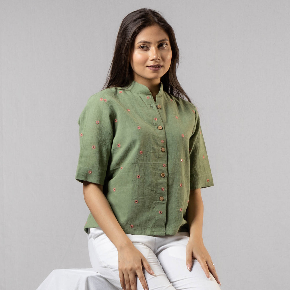 Olivine Green Handwoven Kala Cotton Mirror Work Crop Shirt by iTokri Casuals