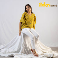 Yellow Handwoven Kala Cotton Mirror Work Kaftan Crop Top by iTokri Casuals