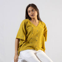 Yellow Handwoven Kala Cotton Mirror Work Kaftan Crop Top by iTokri Casuals