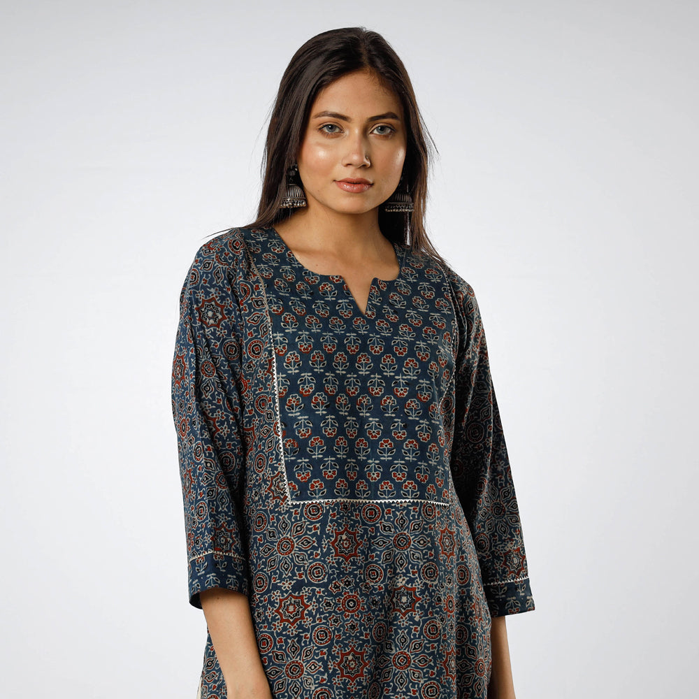 Blue - Ajrakh Block Printed Cotton Straight Kurta 12