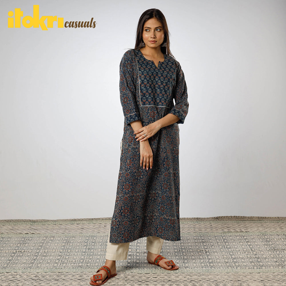 Blue - Ajrakh Block Printed Cotton Straight Kurta 12