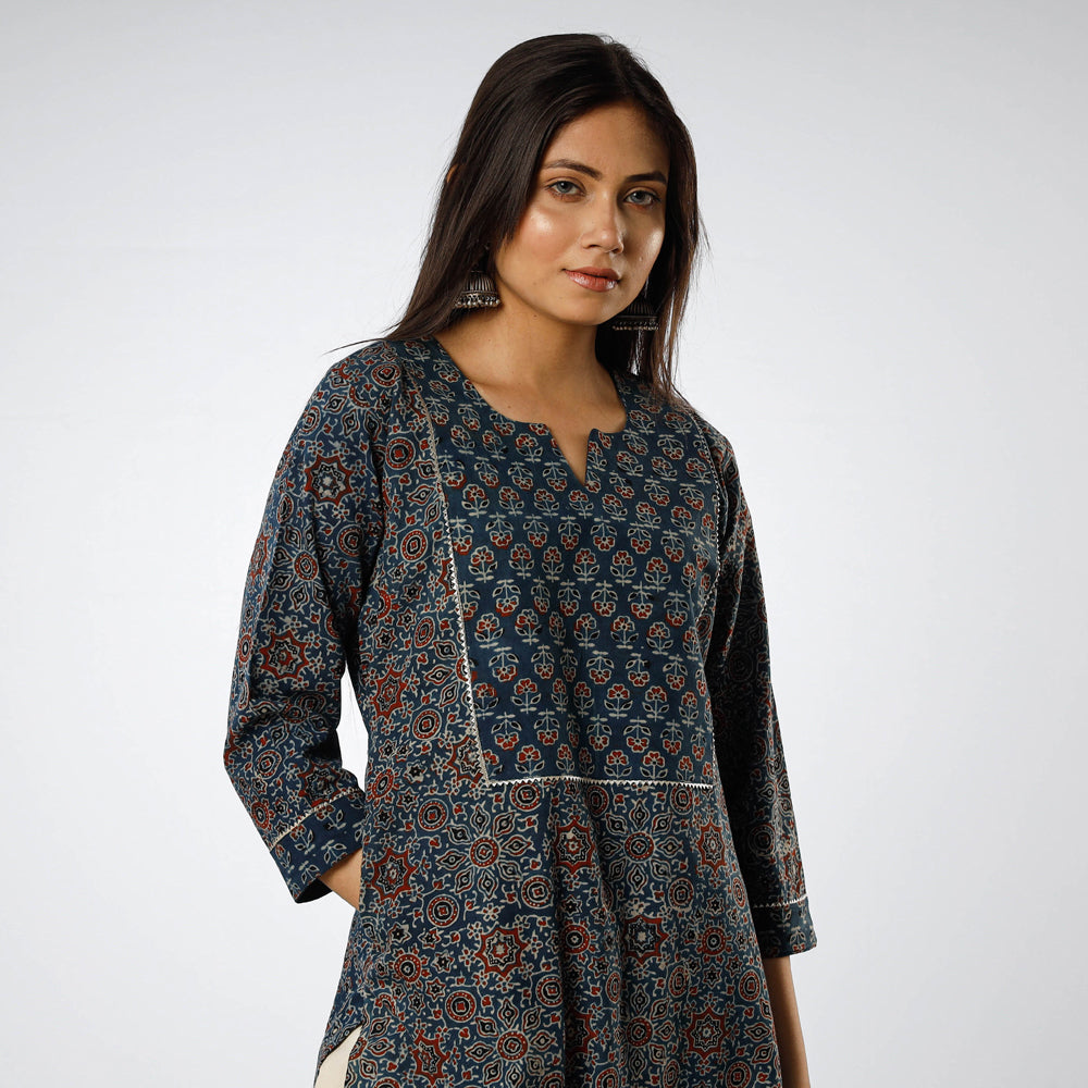 Blue - Ajrakh Block Printed Cotton Straight Kurta 12