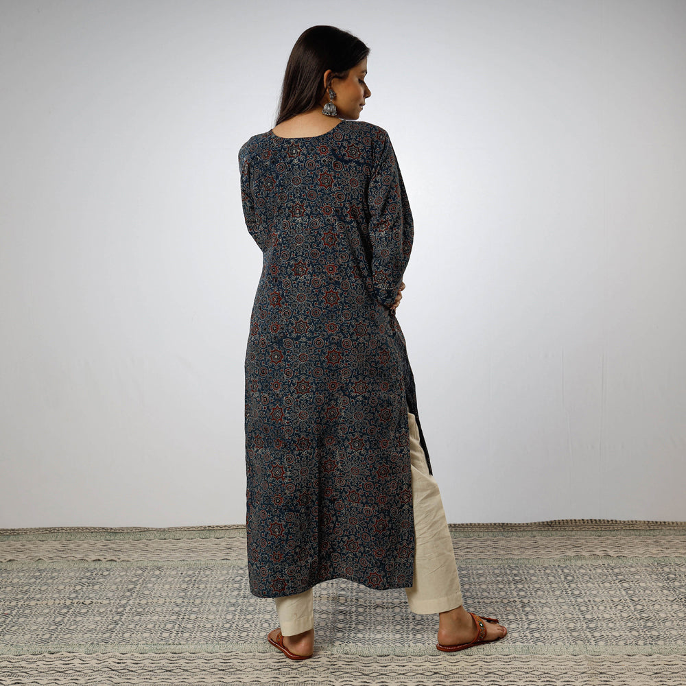 Blue - Ajrakh Block Printed Cotton Straight Kurta 12