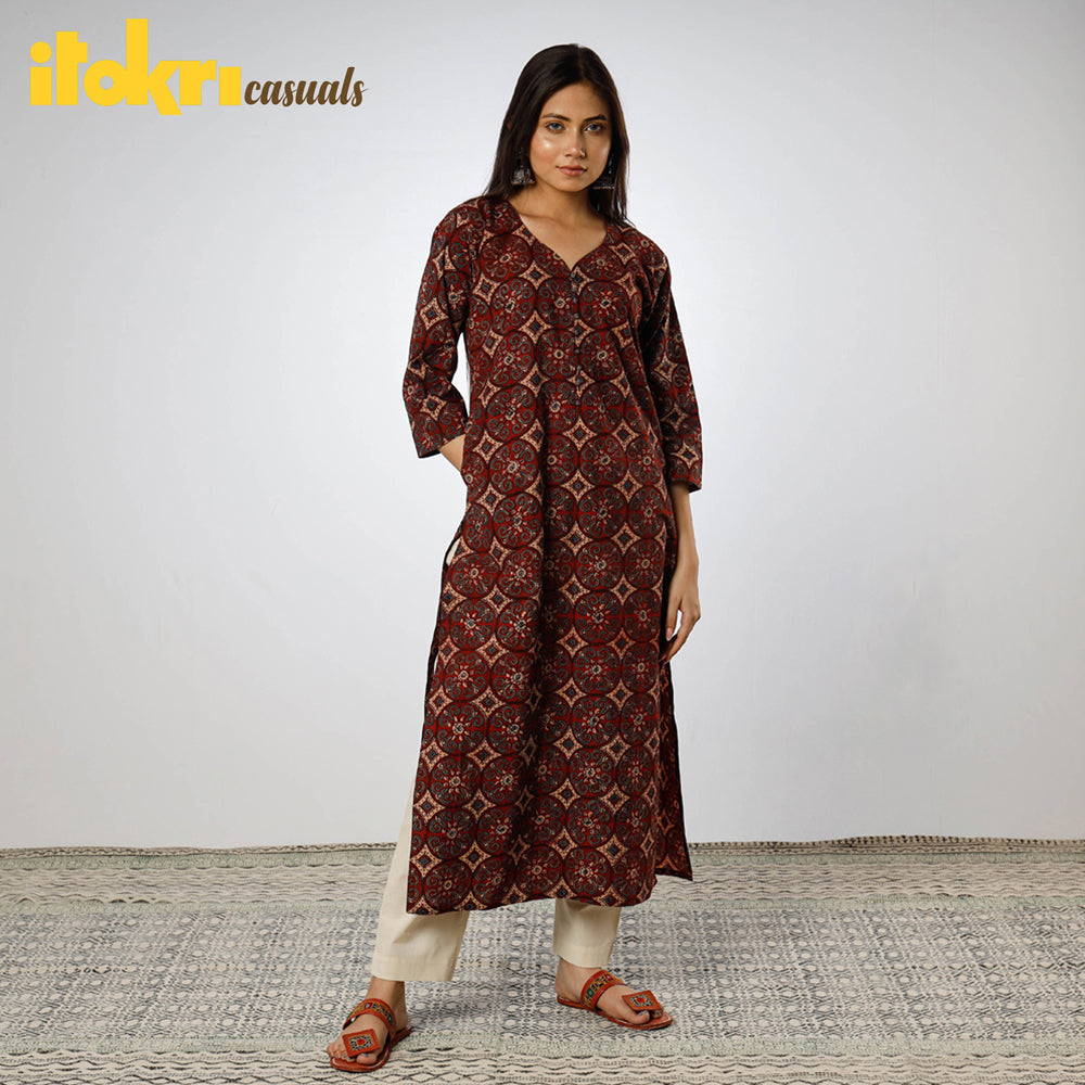 Buy Maroon iTokri Casuals - Ajrakh Block Print Cotton Long Kurta Online at iTokri.com