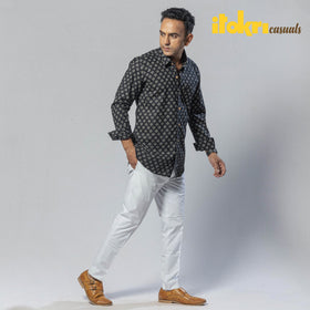 Black - men full sleeve cotton sanganeri printed shirt