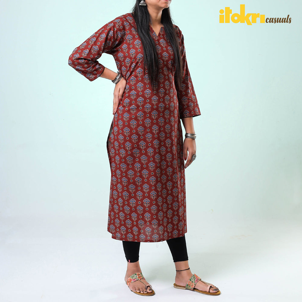 Red - Sanganeri Hand Block Printed Cotton Long Straight Kurta