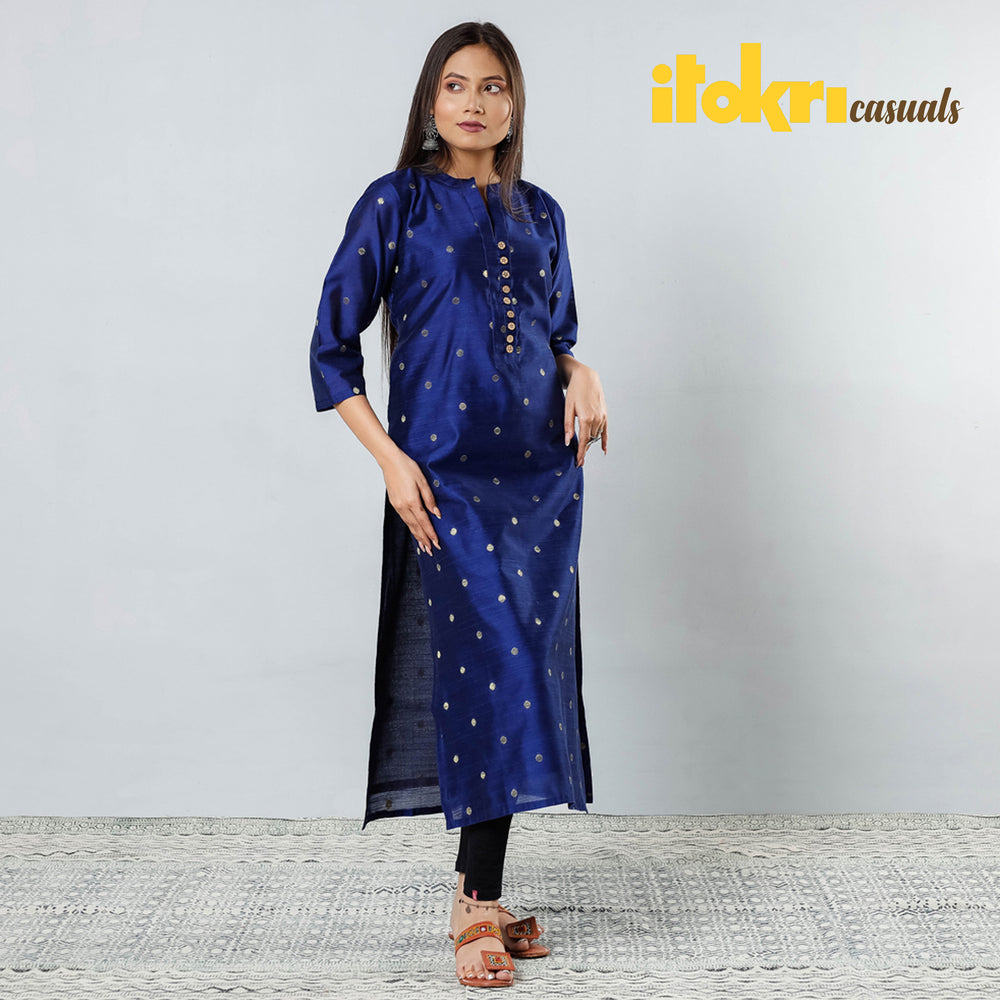 Dark Blue - Polka Zari Butta Spun Dupion Silk Long Straight Kurta