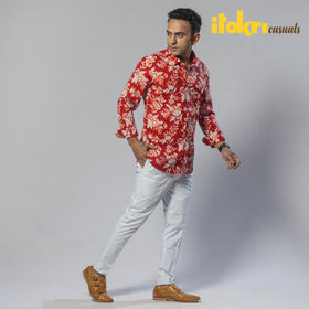Lily flower red color - men full sleeve cotton printed