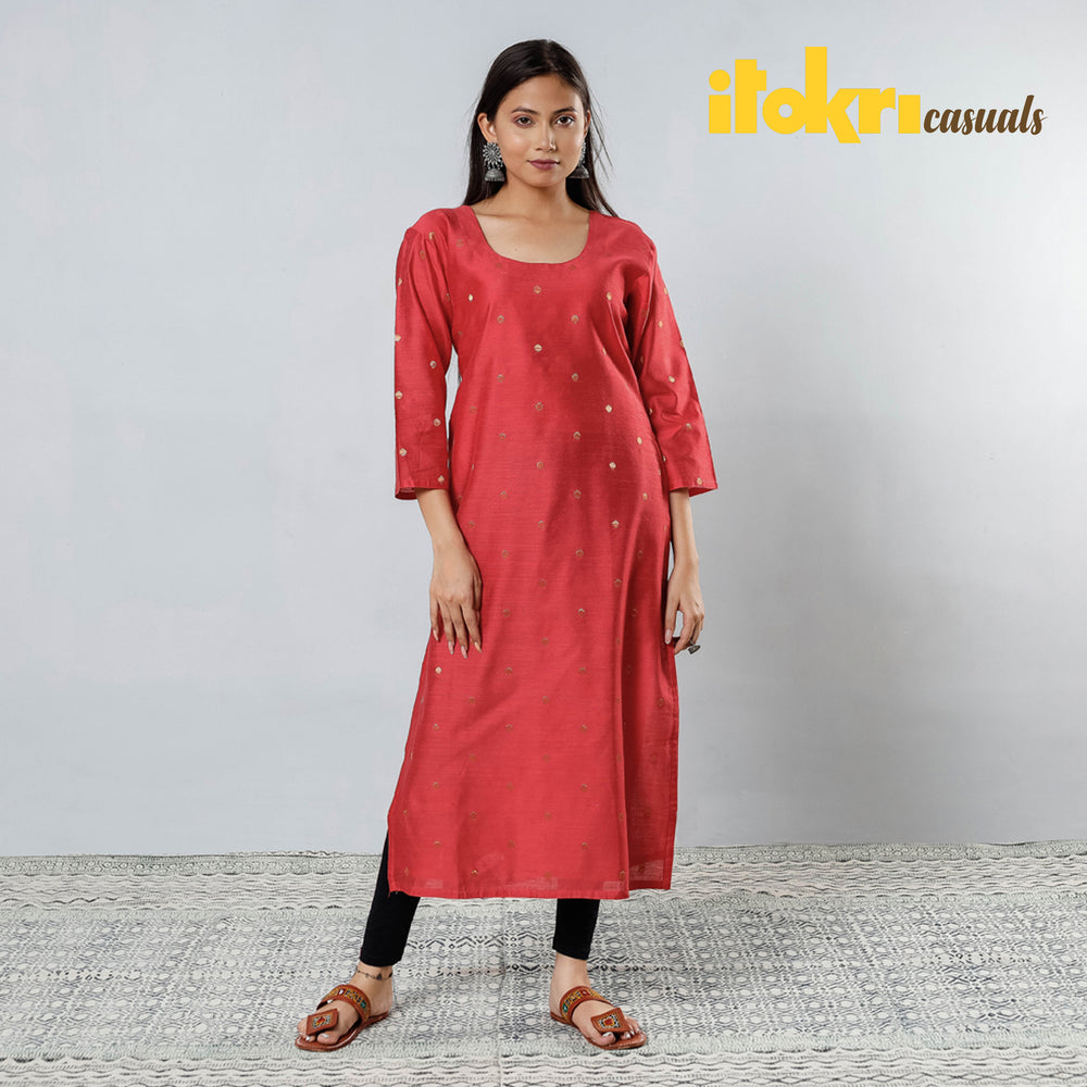 Reddish Pink Polka Zari Butta Spun Dupion Silk Long Kurta