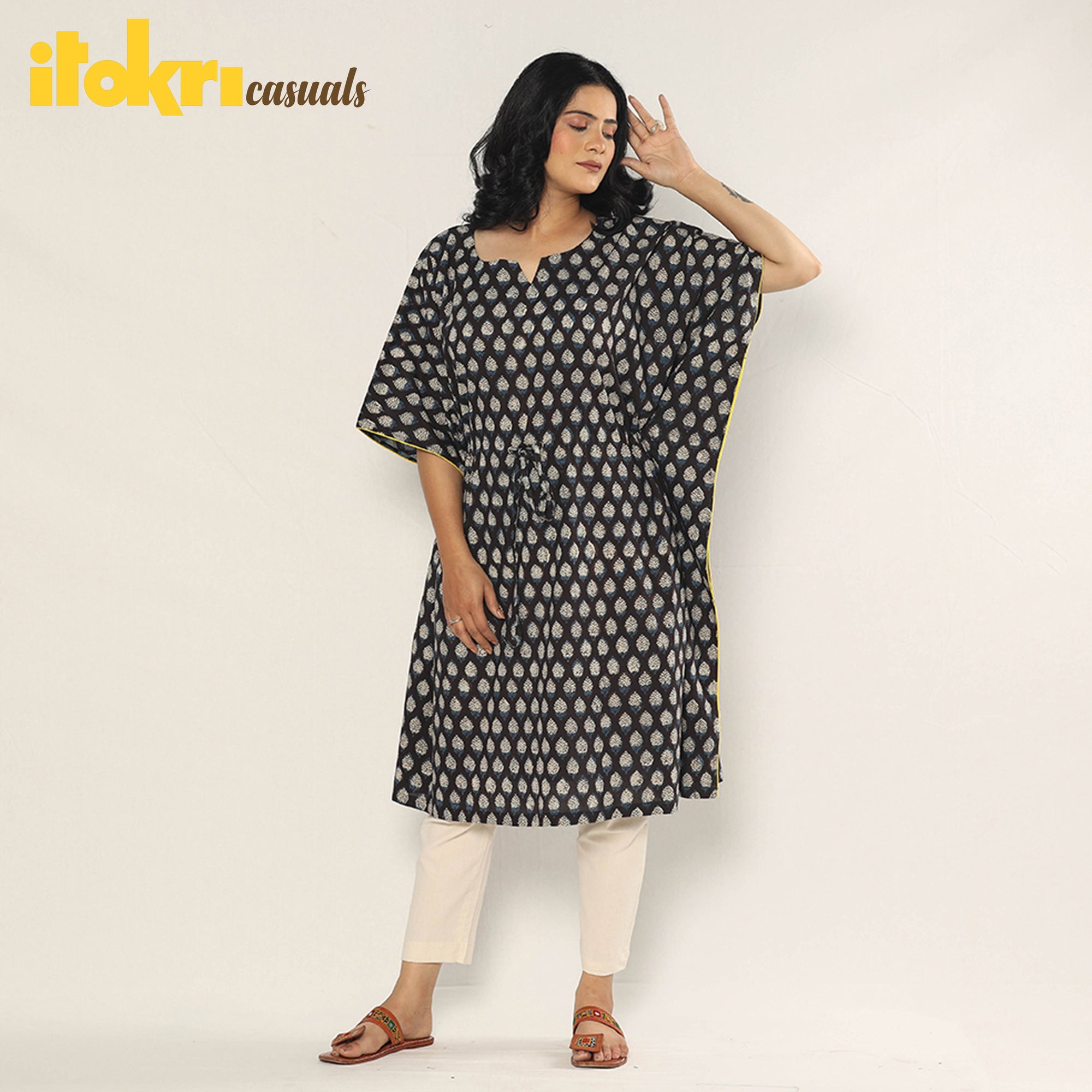 Black - Bagru Dabu Block Printing Cotton Kaftan Dress (Medium)