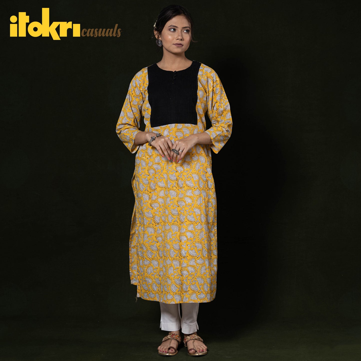 Yellow - Pintuck Sanganeri Block Printing Cotton Long Kurti