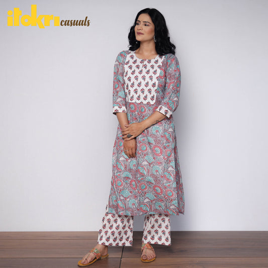 Multicolor - White Grey Sanganeri Hand Block Printed Cotton Kurta with Palazzo Set