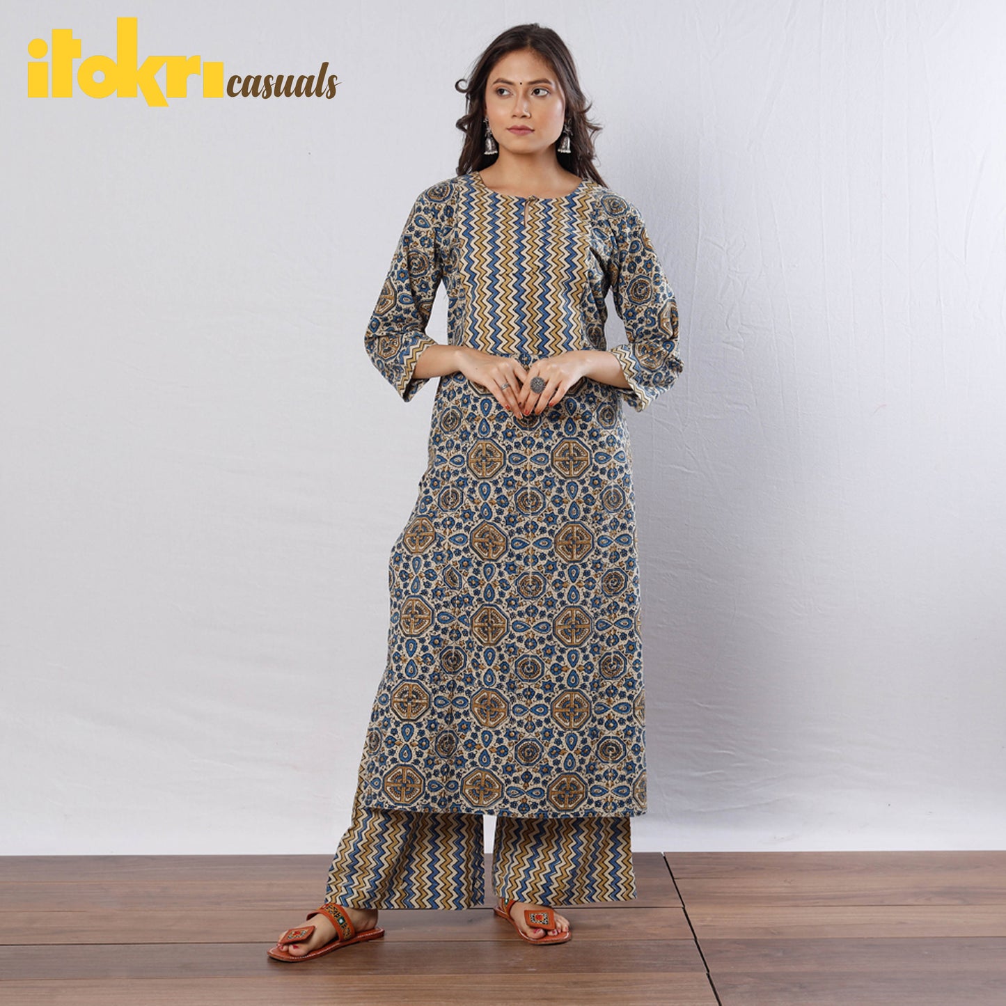 Beige - Cream Blue Zig Zag Ajrakh Block Printed Kurta with Palazzo Set