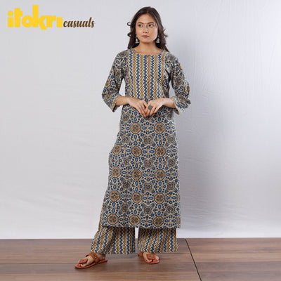 Beige - Cream Blue Zig Zag Ajrakh Block Printed Kurta with Palazzo Set