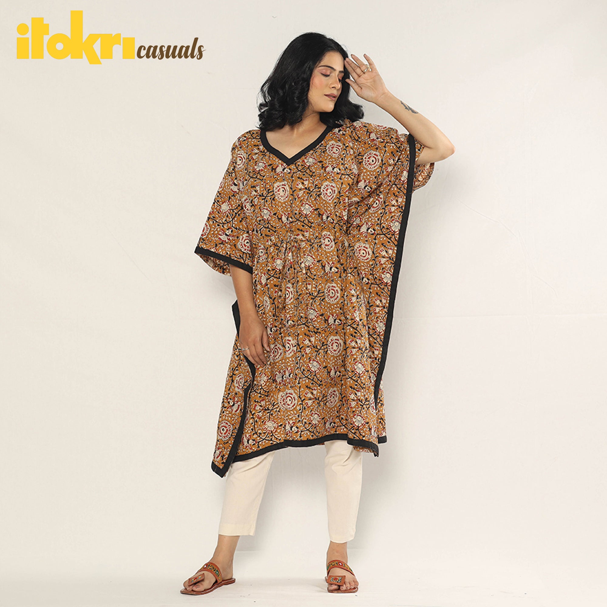 Brown - Bagru Dabu Hand Block Print Cotton Kaftan Dress (Medium)