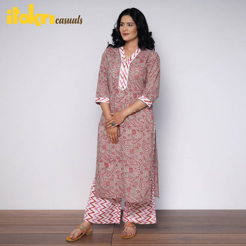  Sanganeri Hand Block Printed Cotton Long Kurta with Palazzo Set 