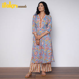 Buy Sanganeri Hand Block Printed Cotton Long Kurta with Palazzo Set Online l iTokri.com