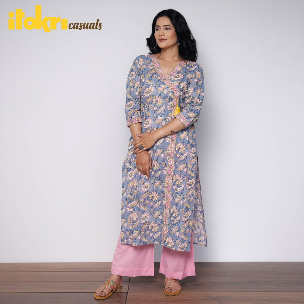 Grey Pink Sanganeri Hand Block Printed Cotton Kurta with Palazzo Set