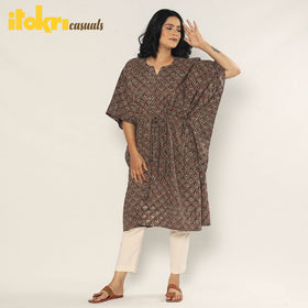 Brown - Bagru Dabu Hand Block Print Cotton Kaftan Dress (Medium)