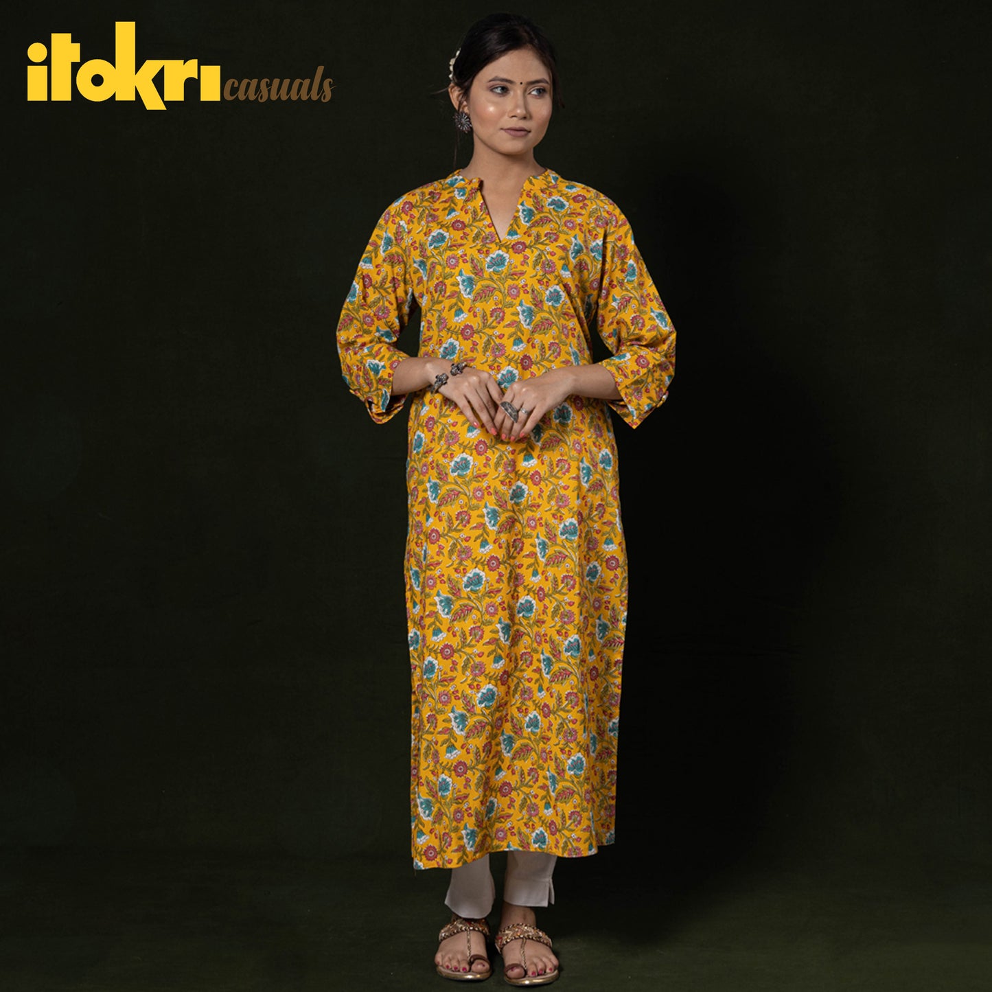 Yellow - Sanganeri Block Printing Cotton Long Kurta