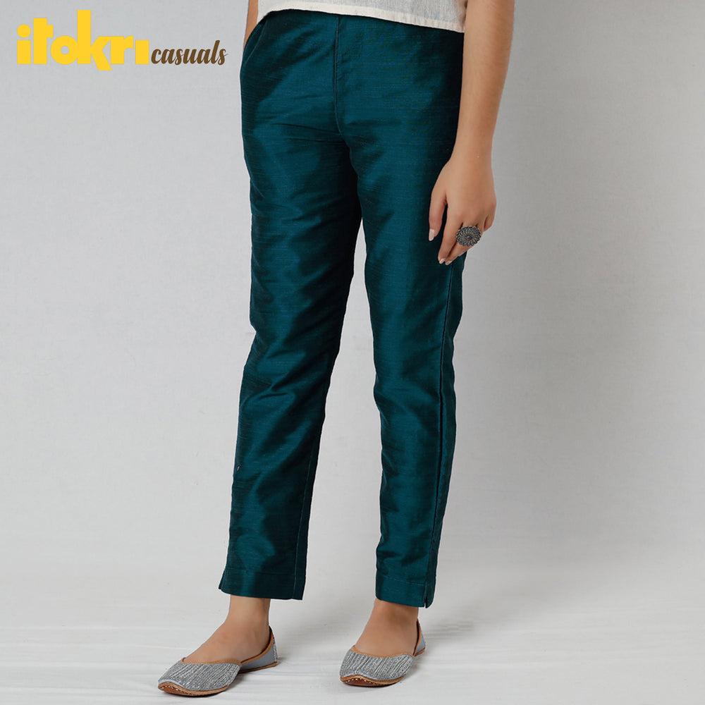 Midnight Green - Silk Tapered Casual Pant for Women