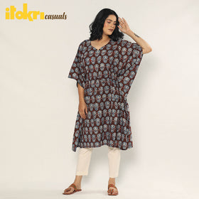 Maroon - Bagru Dabu Hand Block Print Cotton Kaftan Dress (Medium)